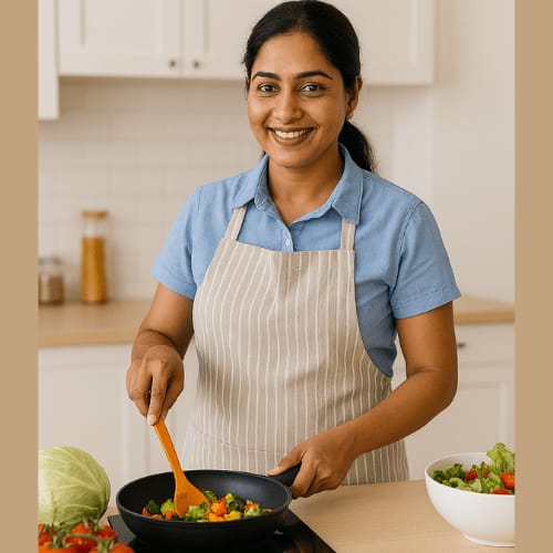 Professional maid cooking delicious meals
